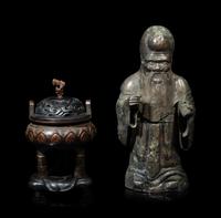 A Chinese Silver Figure of Shoulao and A Chinese Bronze Incense Burner