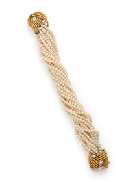 YELLOW GOLD, CULTURED PEARL AND DIAMOND BRACELET