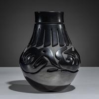 Carved Blackware Pottery Vase, Stylized Avanyu