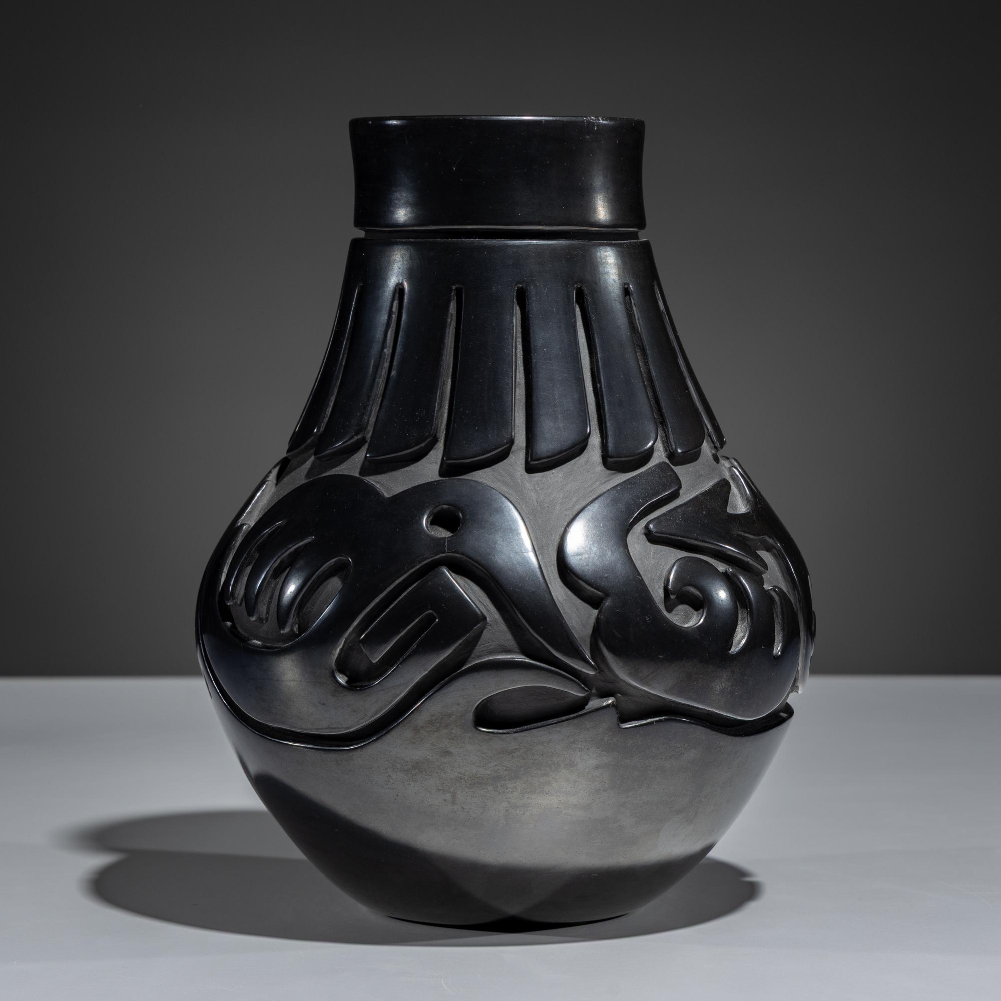 Carved Blackware Pottery Vase, Stylized Avanyu
