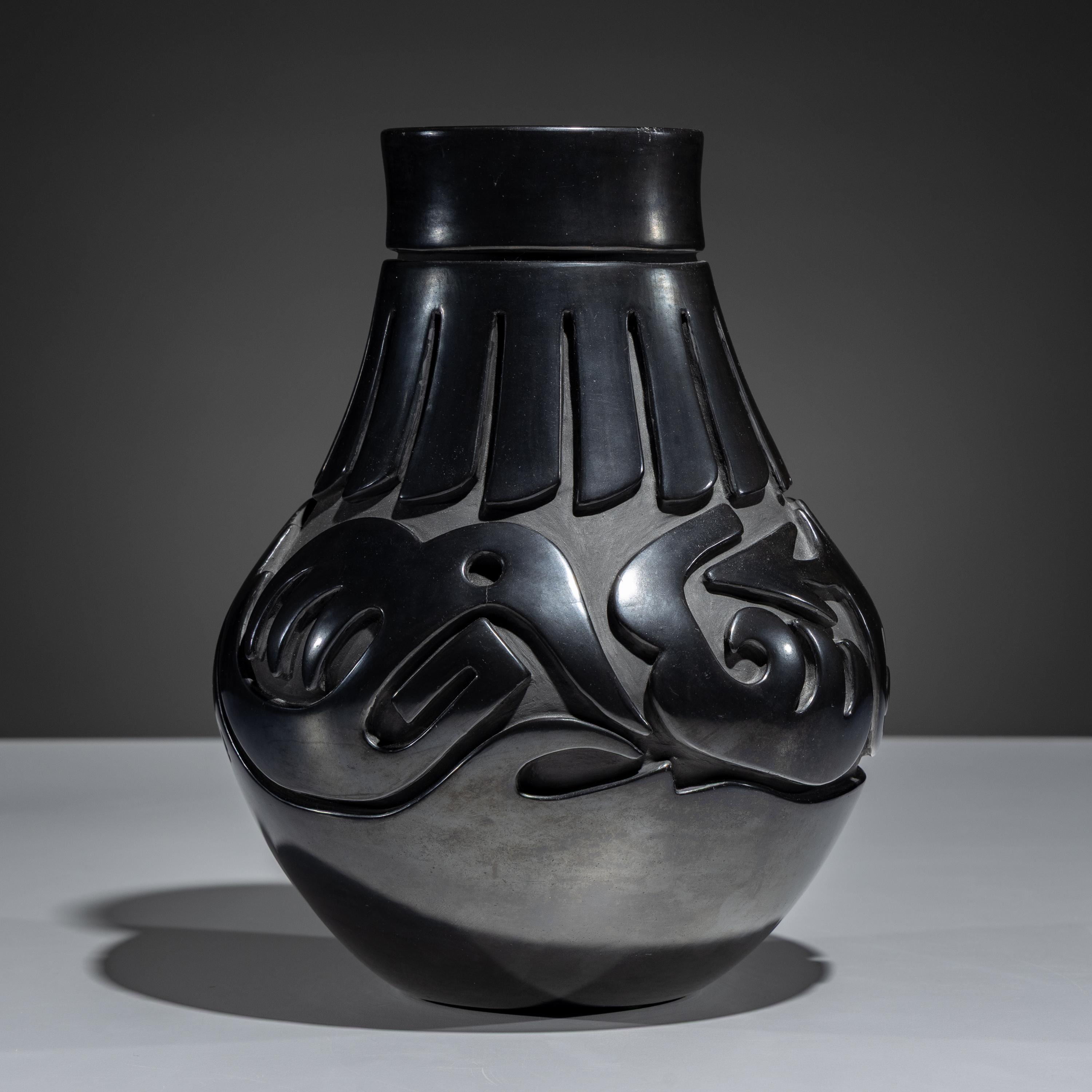 Carved Blackware Pottery Vase, Stylized Avanyu