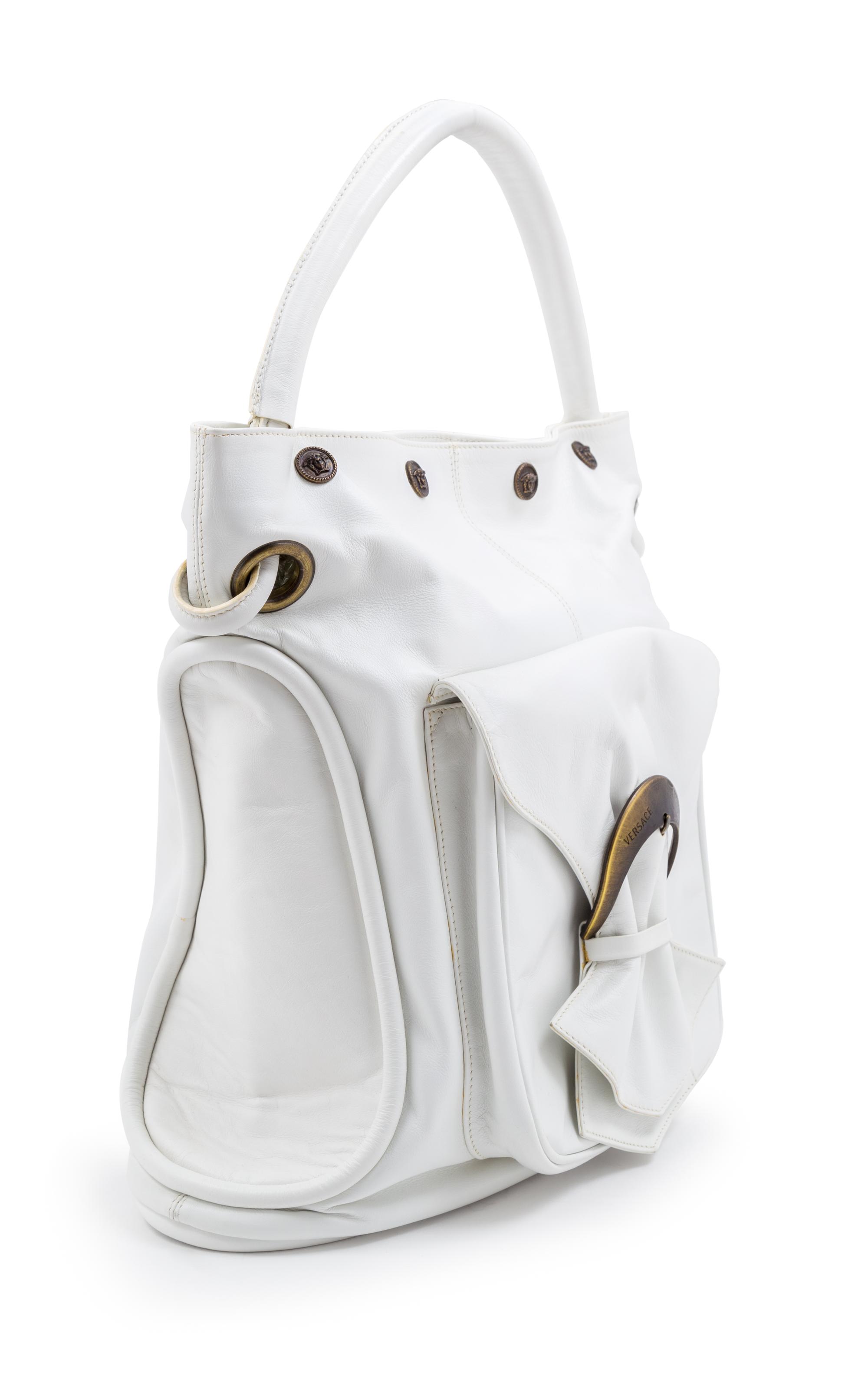 A Versace White Leather Bucket Bag, 13" H x 13" W x 5" D; Handle drop: 6.5".