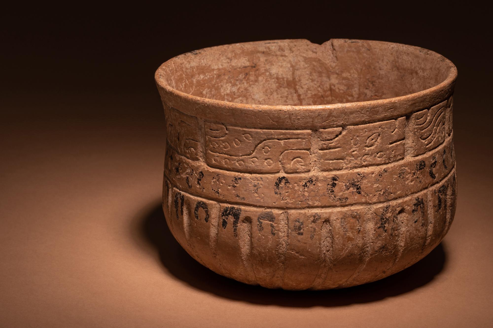 A Maya Terracotta Bowl with Incised Glyphs