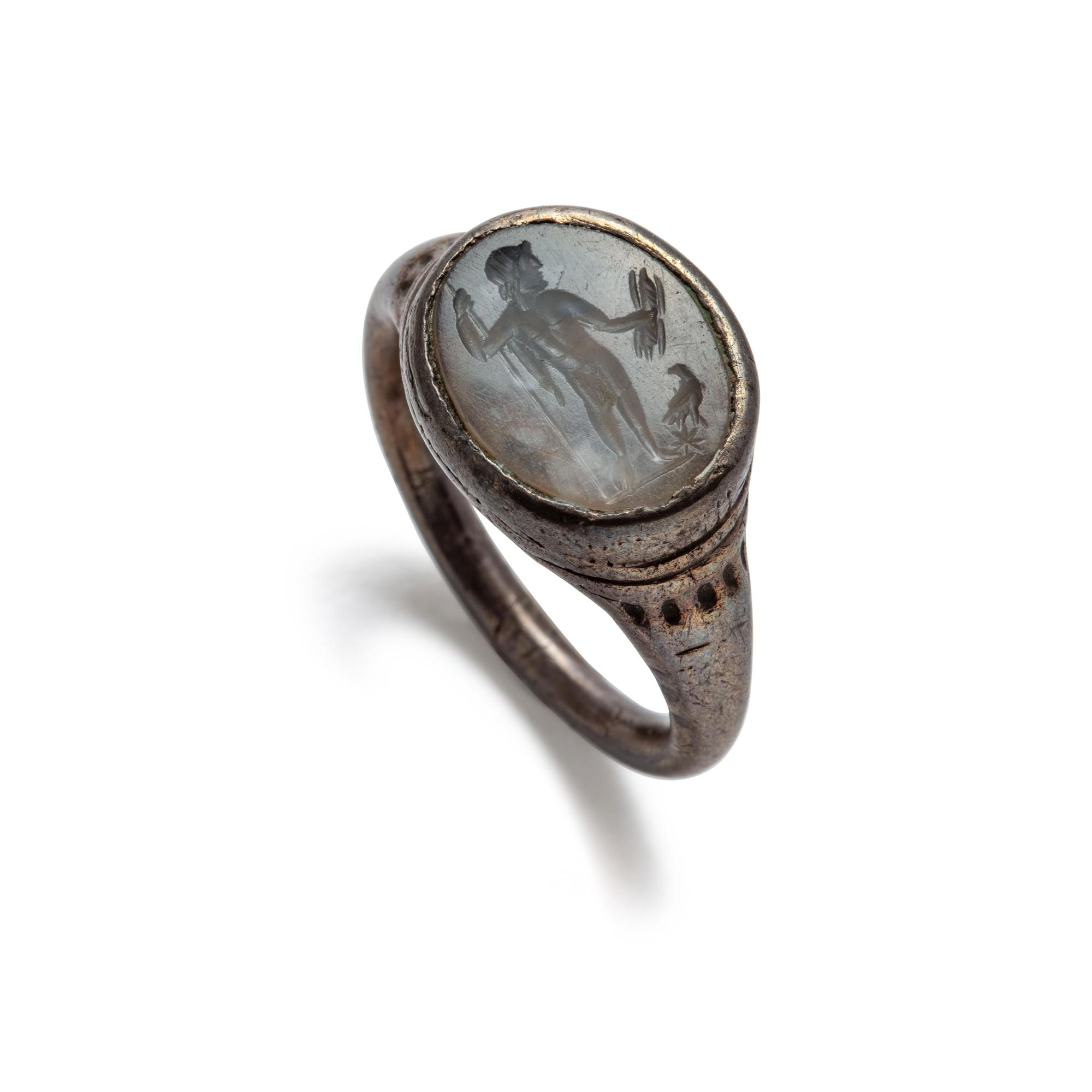 A Roman Silver and Chalcedony Finger Ring with the God Jupiter