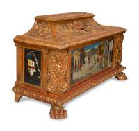 An Italian Renaissance Style Carved, Painted and Parcel Gilt Cassone
