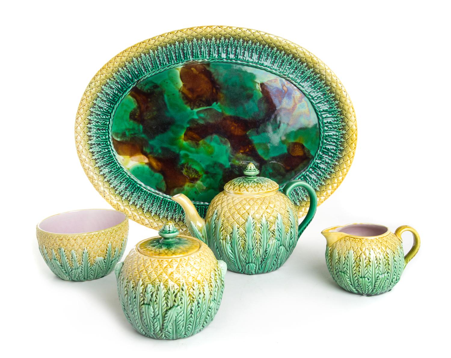 A Majolica Four-Piece Tea Service Width of platter 18 inches.