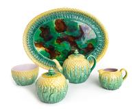 A Majolica Four-Piece Tea Service Width of platter 18 inches.