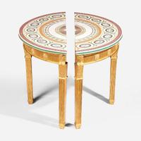 A pair of George III scagliola inlaid and giltwood demilune tables circa 1780