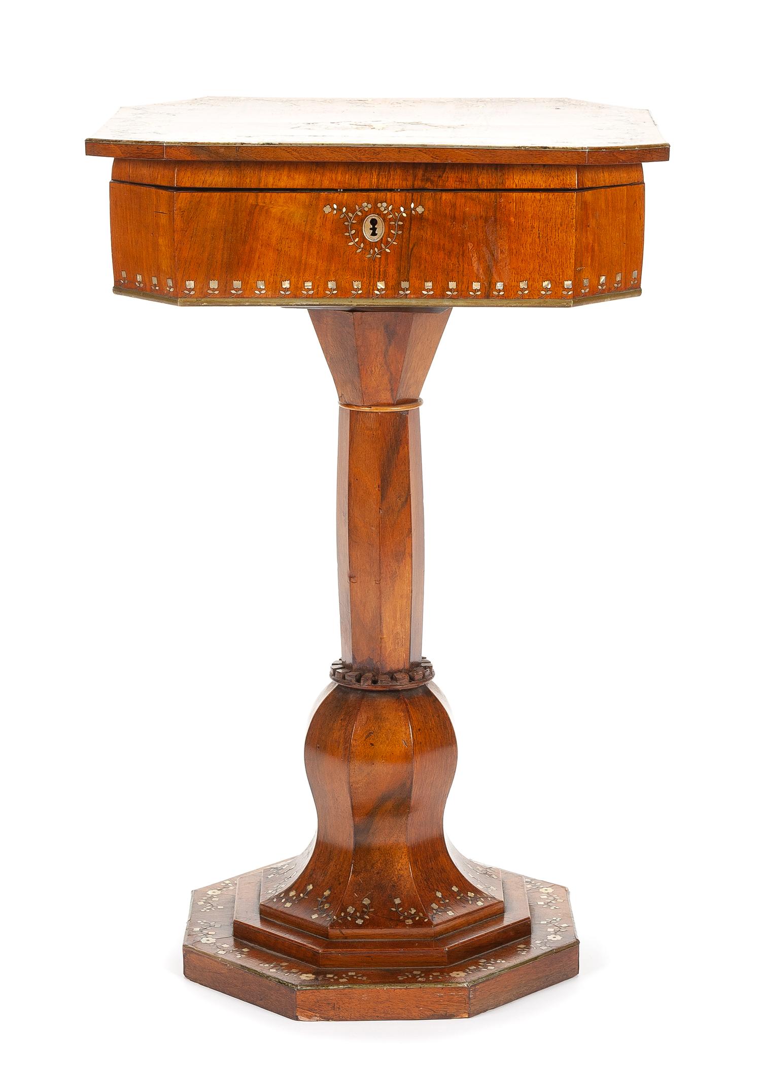 A Continental Mother-of-Pearl Inlaid Sewing Table Height 31 1/4 x width 20 x depth 16 inches. — 19TH CENTURY