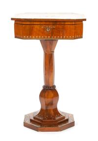 A Continental Mother-of-Pearl Inlaid Sewing Table Height 31 1/4 x width 20 x depth 16 inches. — 19TH CENTURY