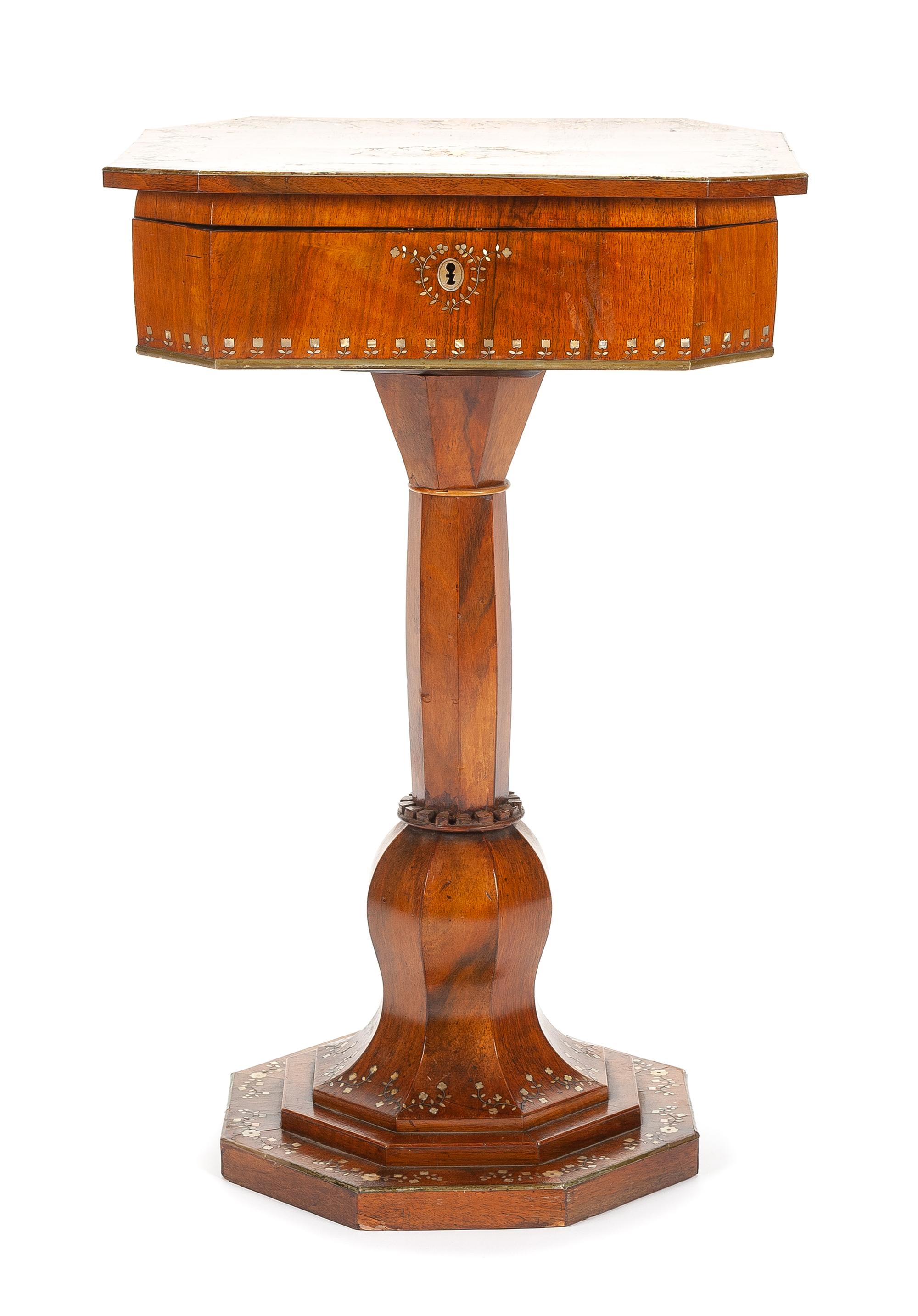 A Continental Mother-of-Pearl Inlaid Sewing Table Height 31 1/4 x width 20 x depth 16 inches. — 19TH CENTURY