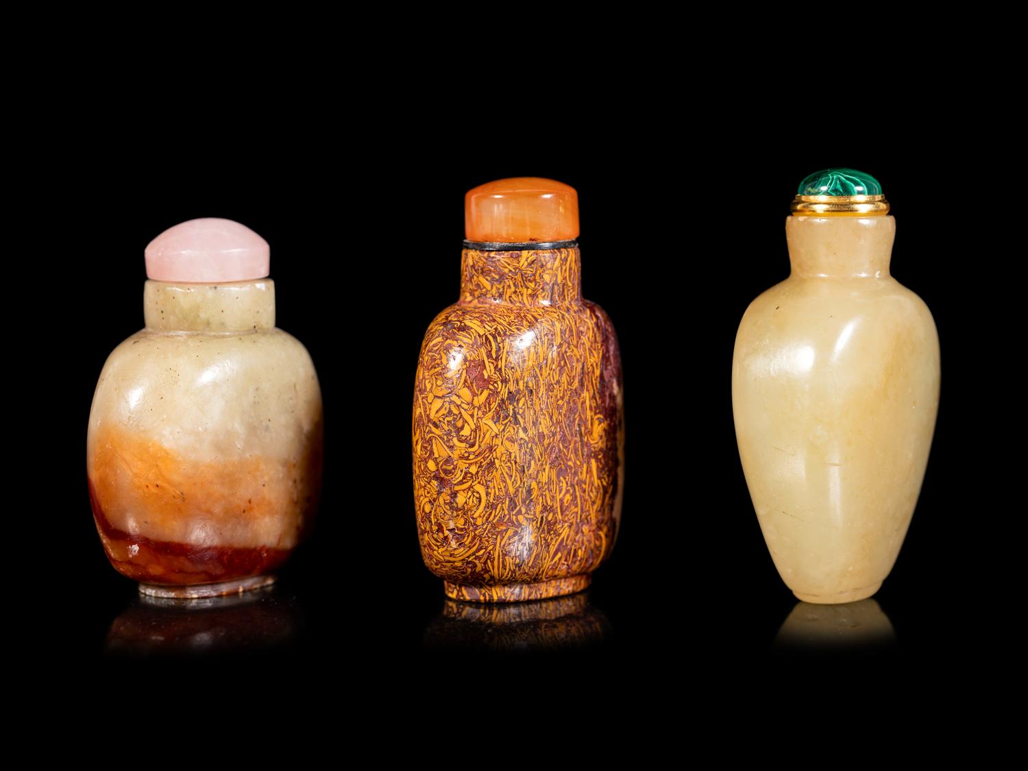 Three Chinese Hardstone Snuff Bottles