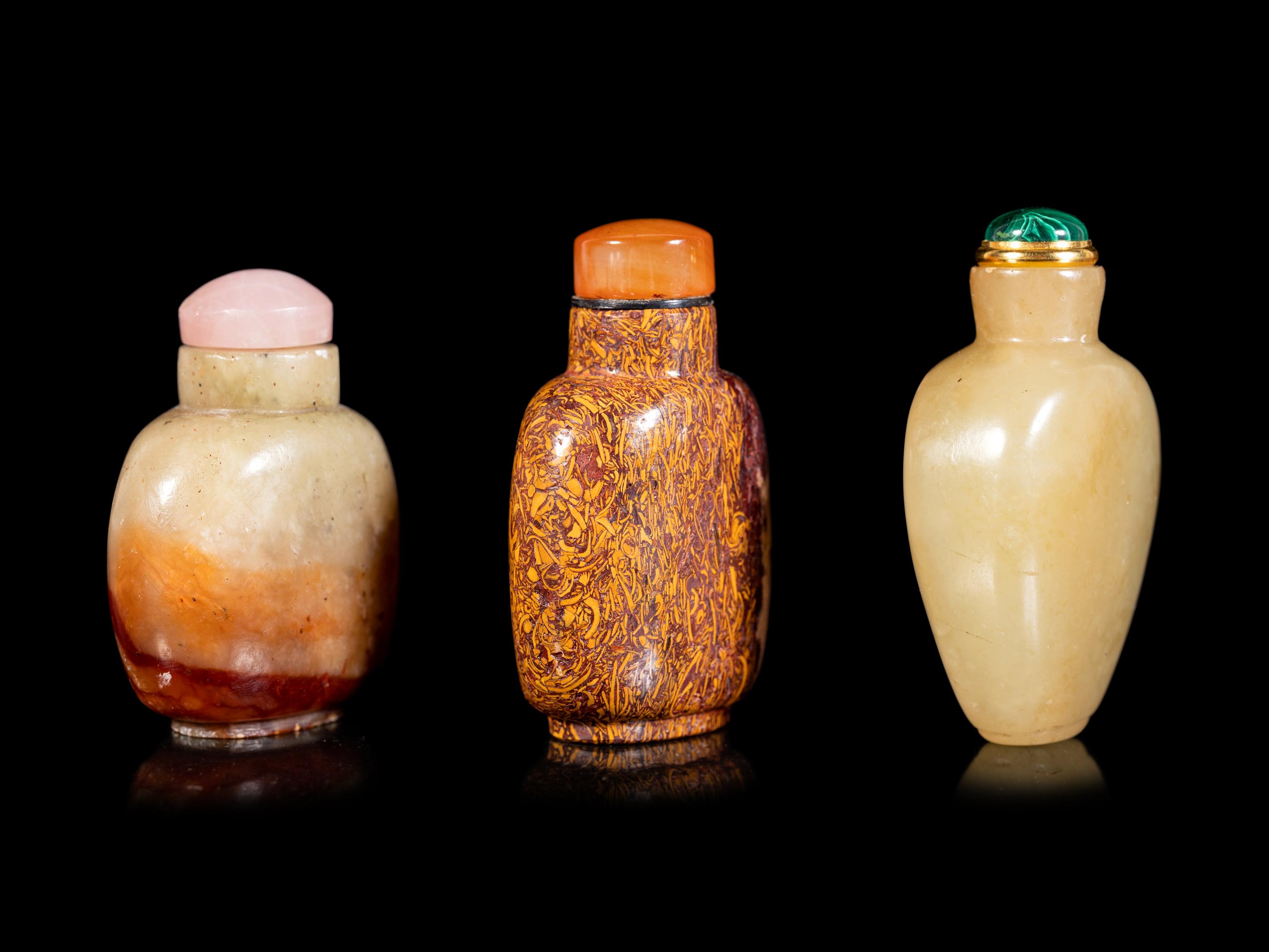 Three Chinese Hardstone Snuff Bottles