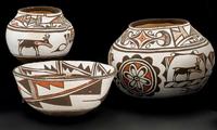 Three Zuni polychrome pottery items mrs. watson, "tsah 'wah' sea," zuni, new mexico, circa 1950