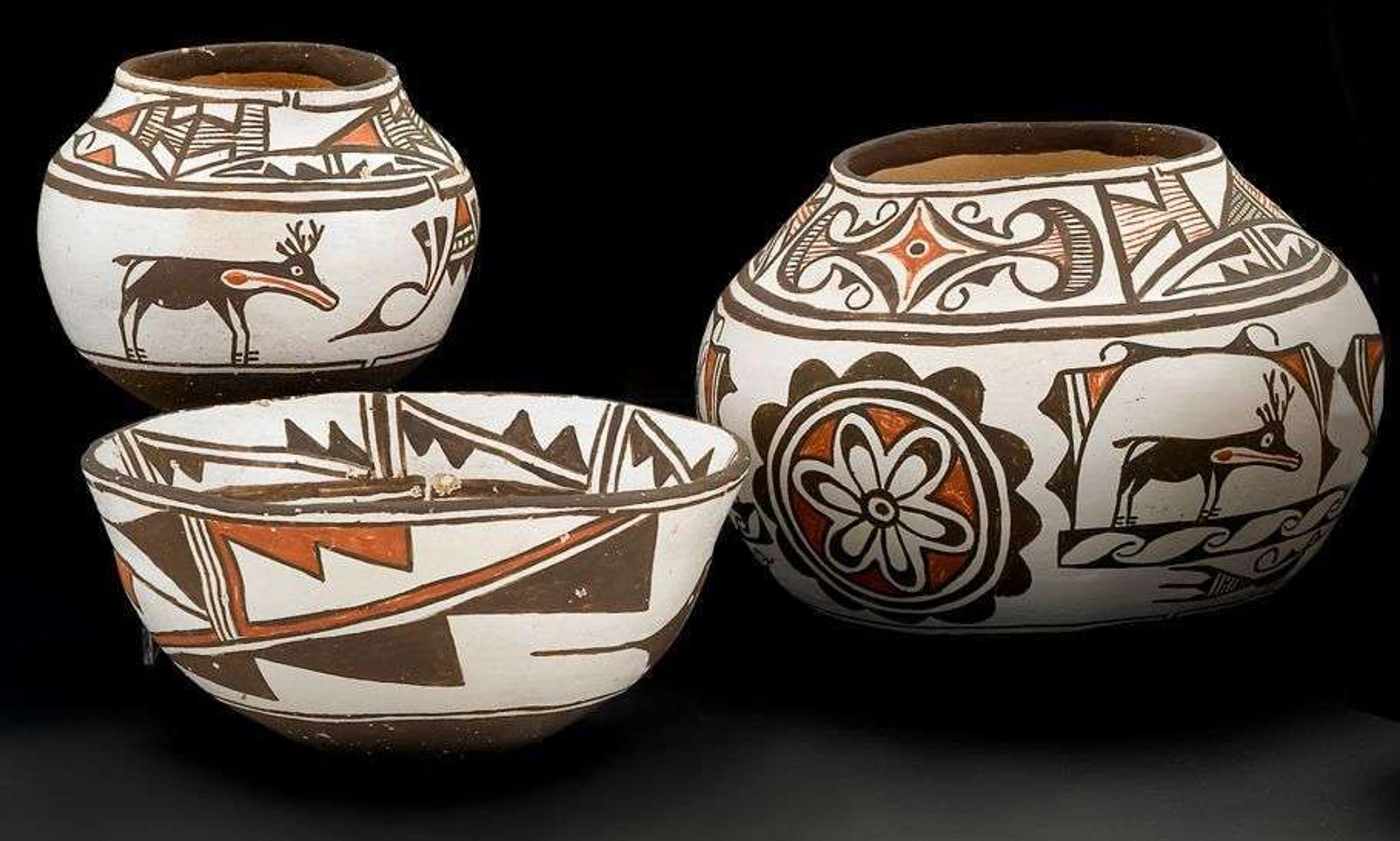 Three Zuni polychrome pottery items mrs. watson, "tsah 'wah' sea," zuni, new mexico, circa 1950