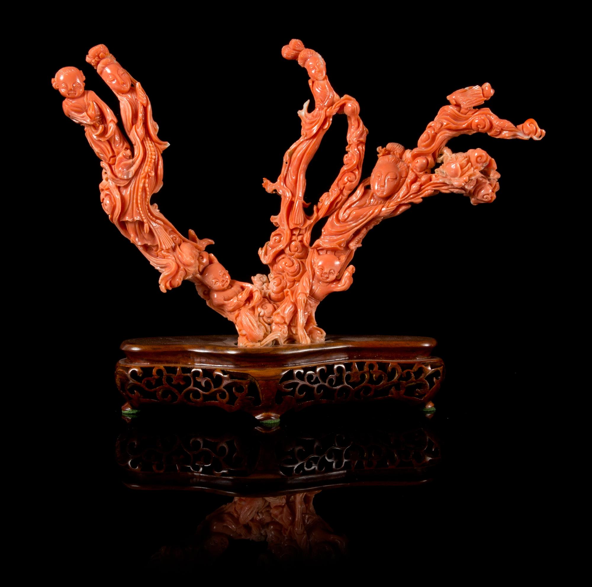 A Carved Pink Coral Figural Group Height 6 x 9 1/2 inches. — LATE QING DYNASTY/REPUBLIC PERIOD