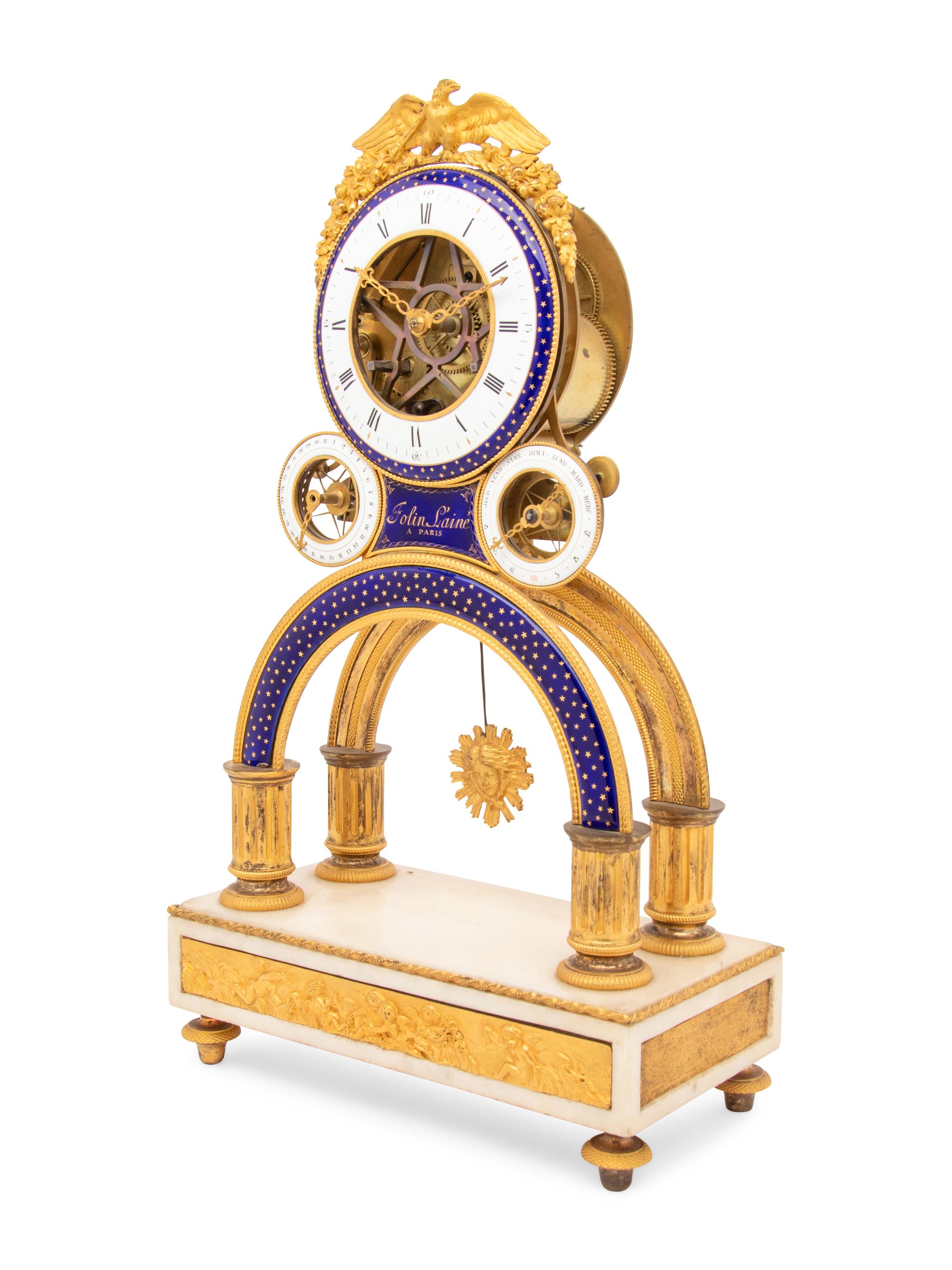 A Directoire Ormolu, Enamel and White Marble Skeleton Clock