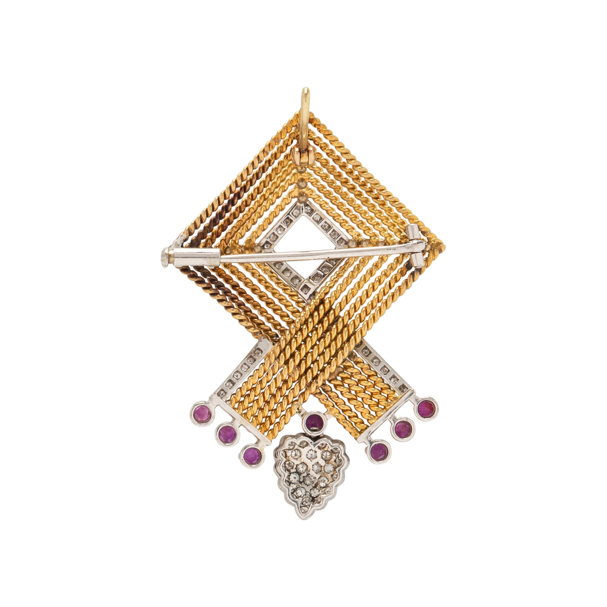 BICOLOR GOLD, RUBY AND DIAMOND PENDANT/BROOCH