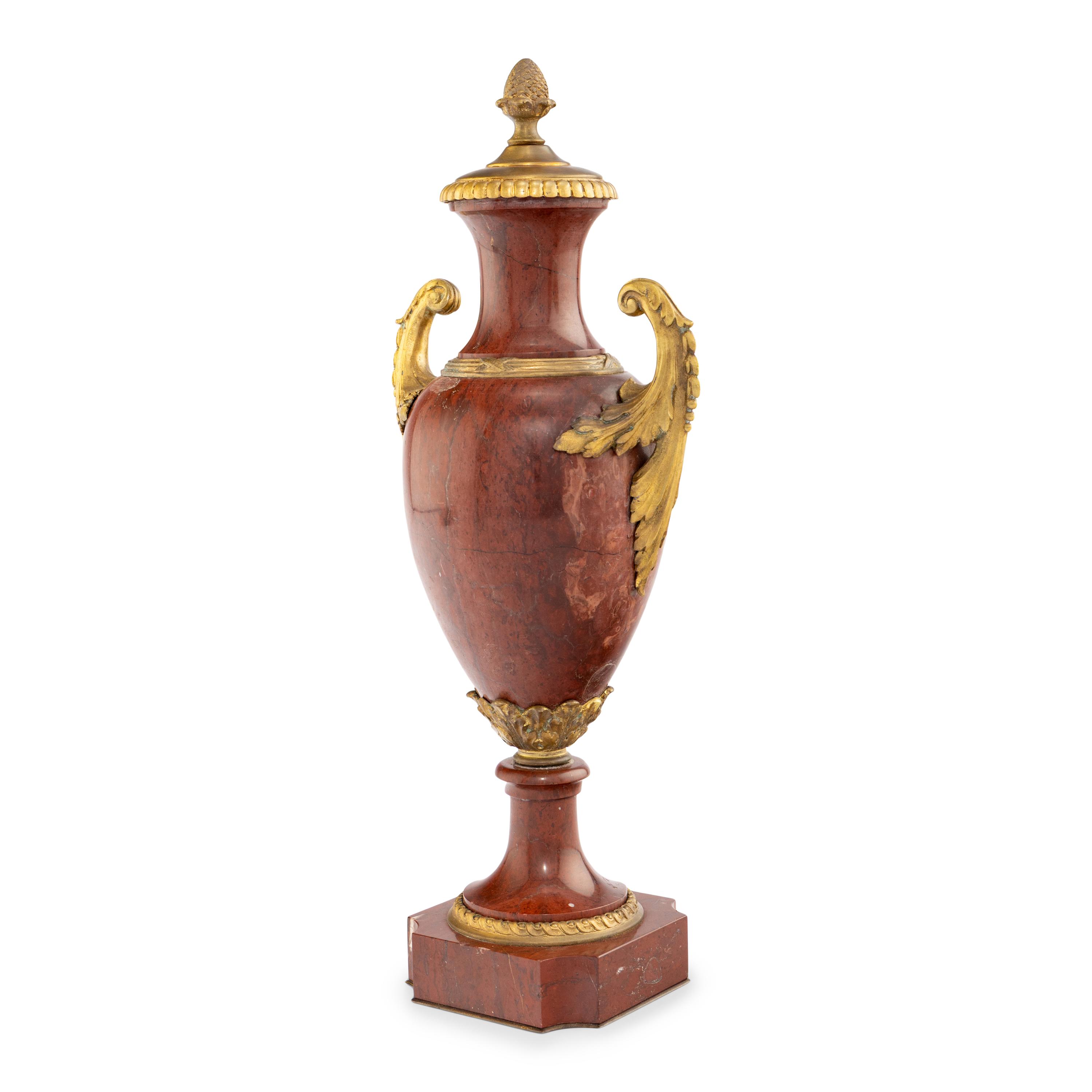 A Neoclassical Style Gilt Bronze Mounted Rouge Marble Covered Urn