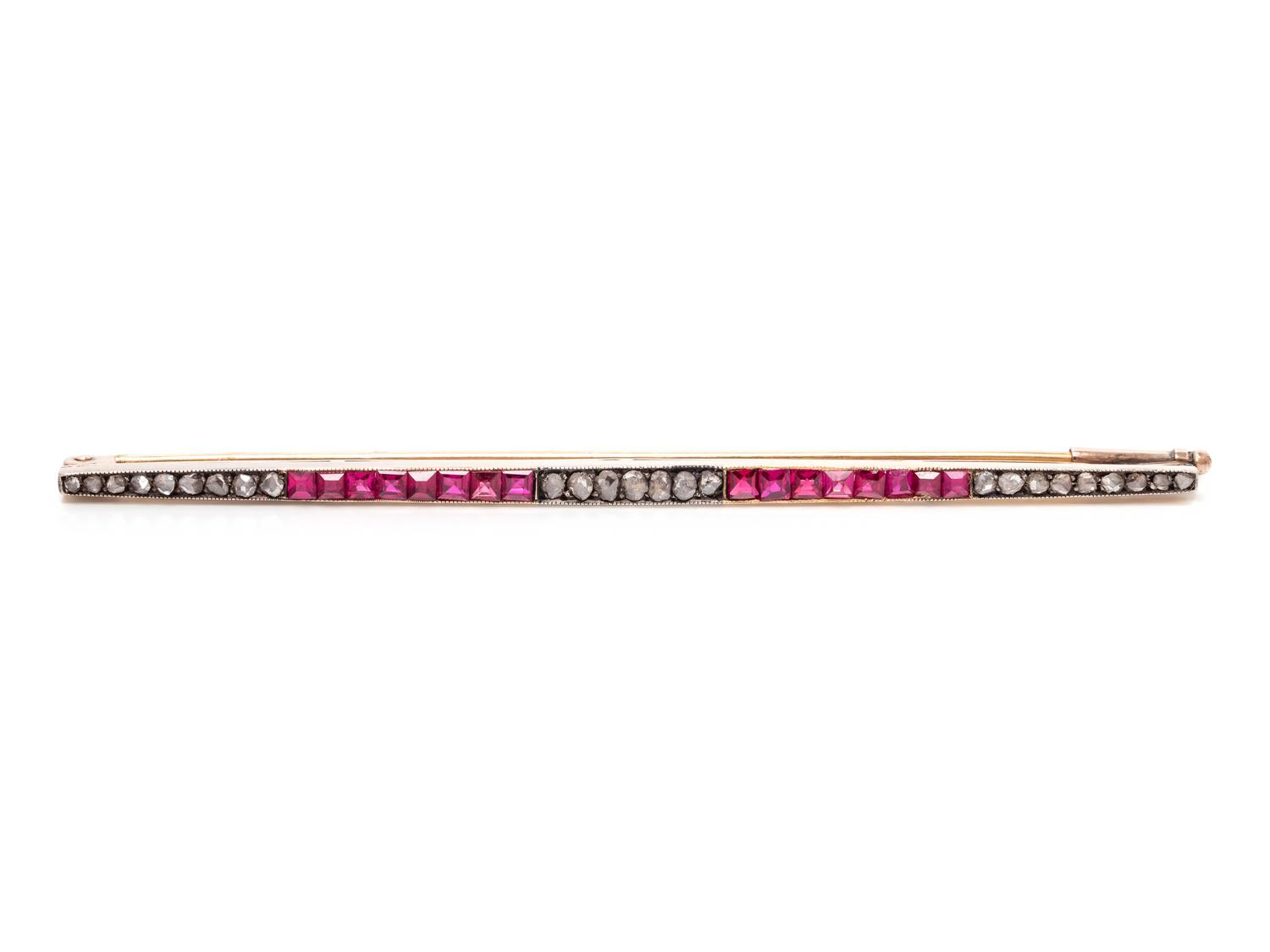 DIAMOND AND SYNTHETIC RUBY BAR BROOCH