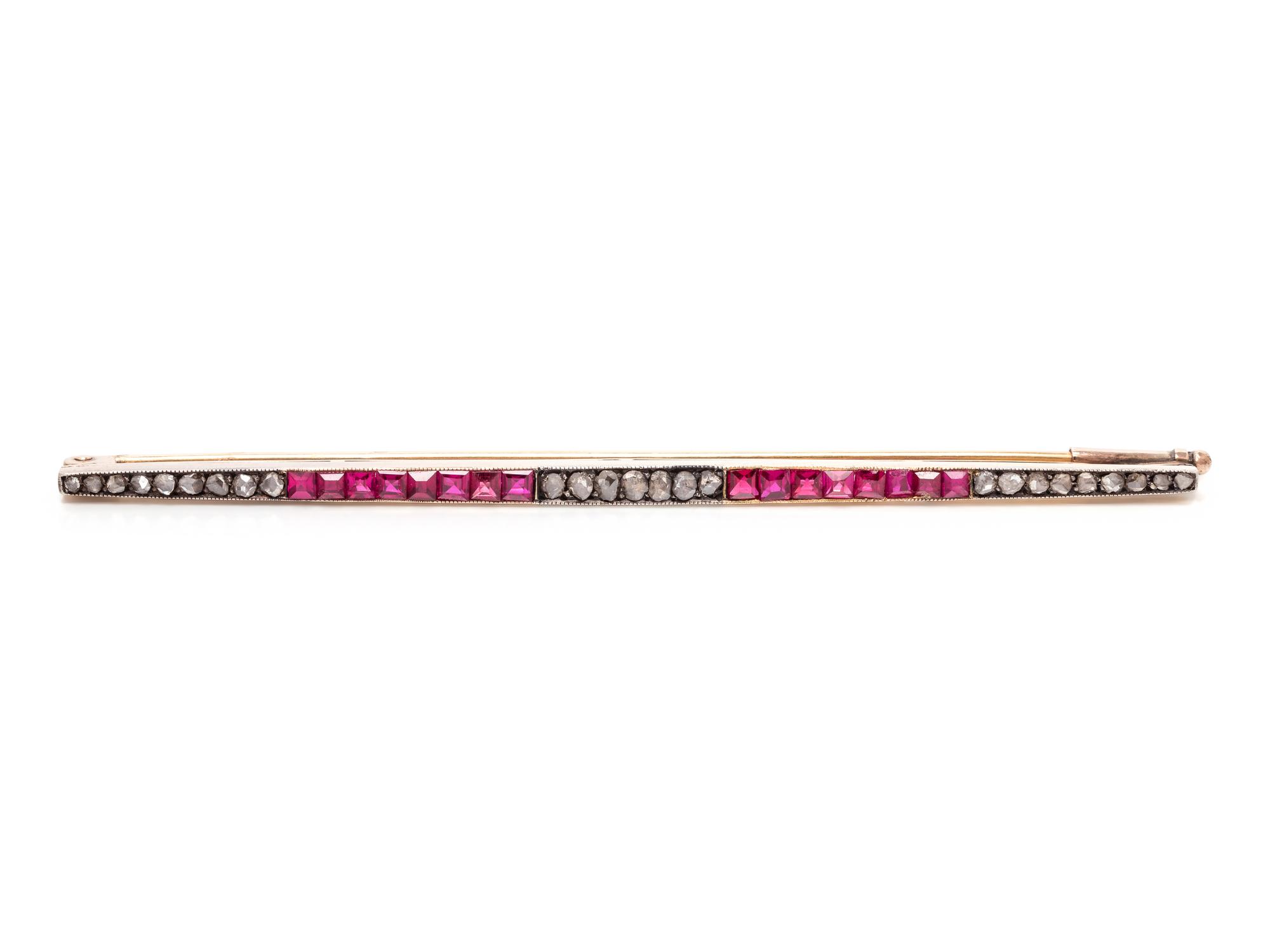 DIAMOND AND SYNTHETIC RUBY BAR BROOCH