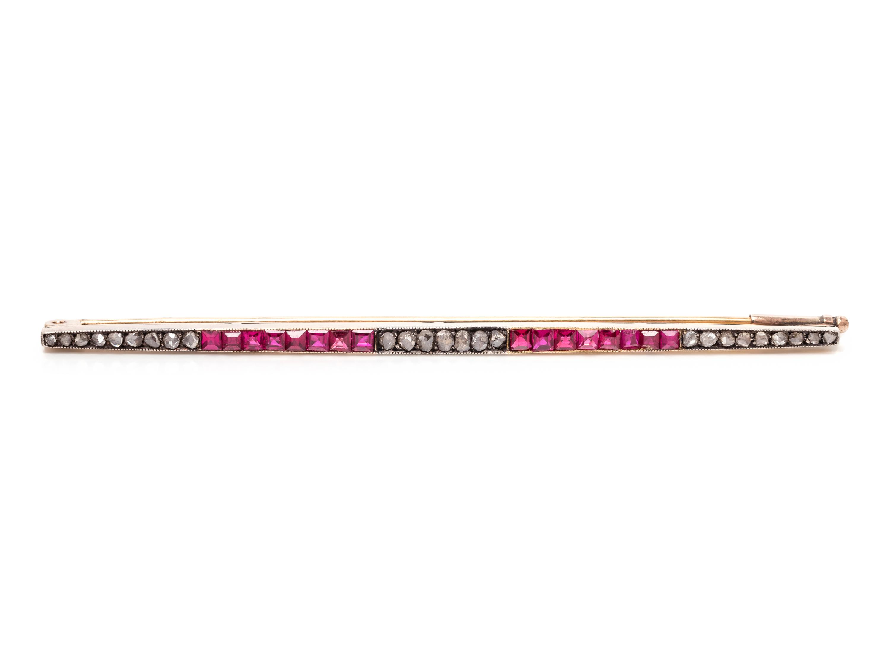 DIAMOND AND SYNTHETIC RUBY BAR BROOCH