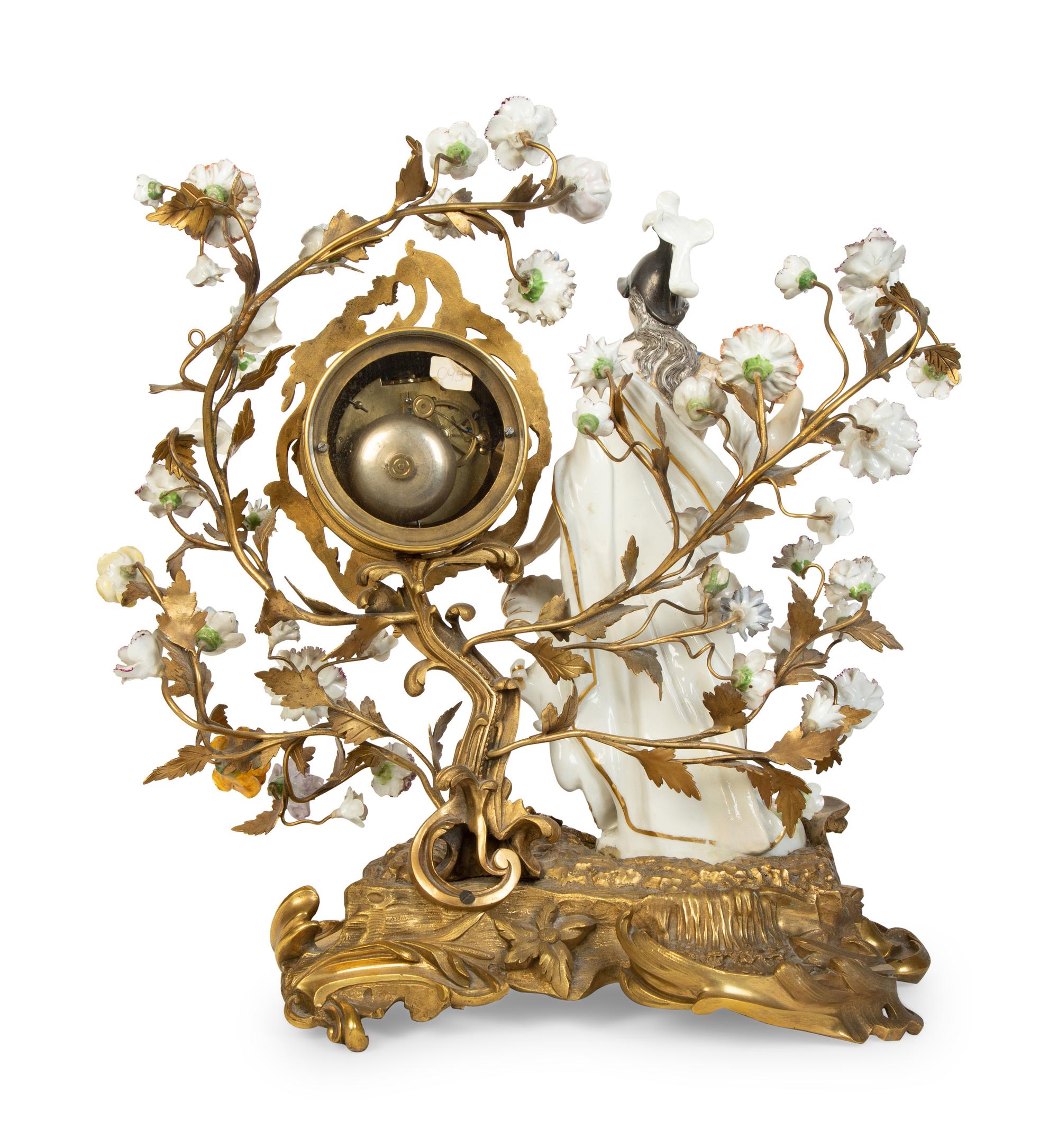 A Continental Gilt Bronze and Porcelain Figural Mantel Clock
