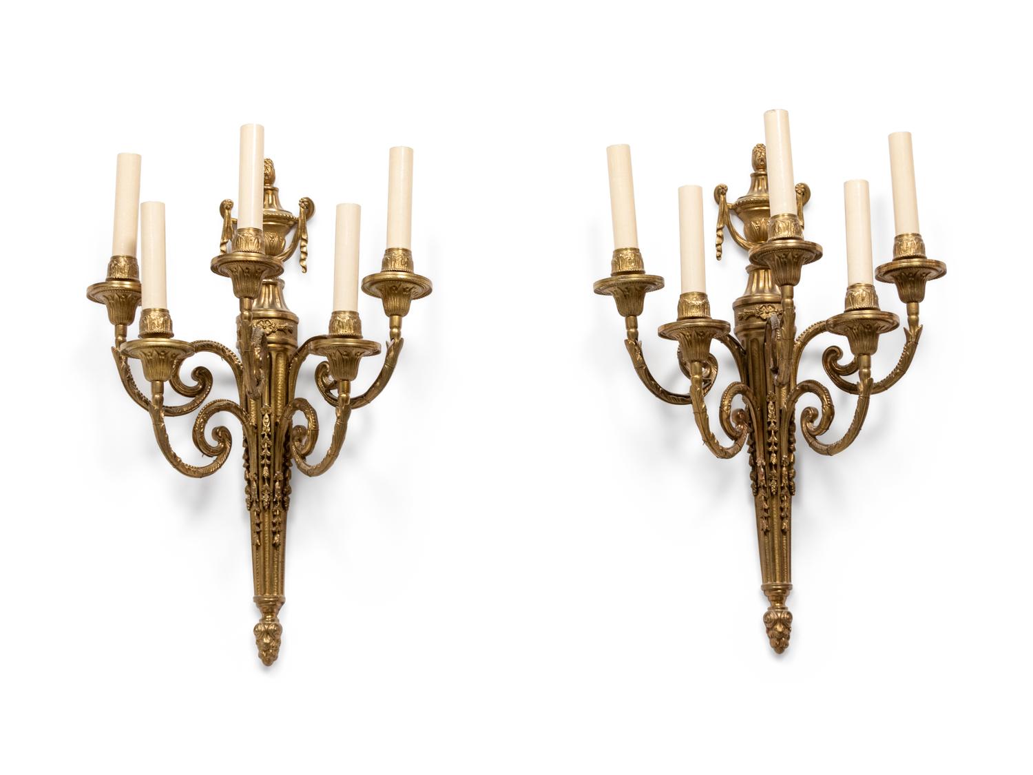 A Pair of Louis XVI Style Gilt-Metal Five-Light Sconces