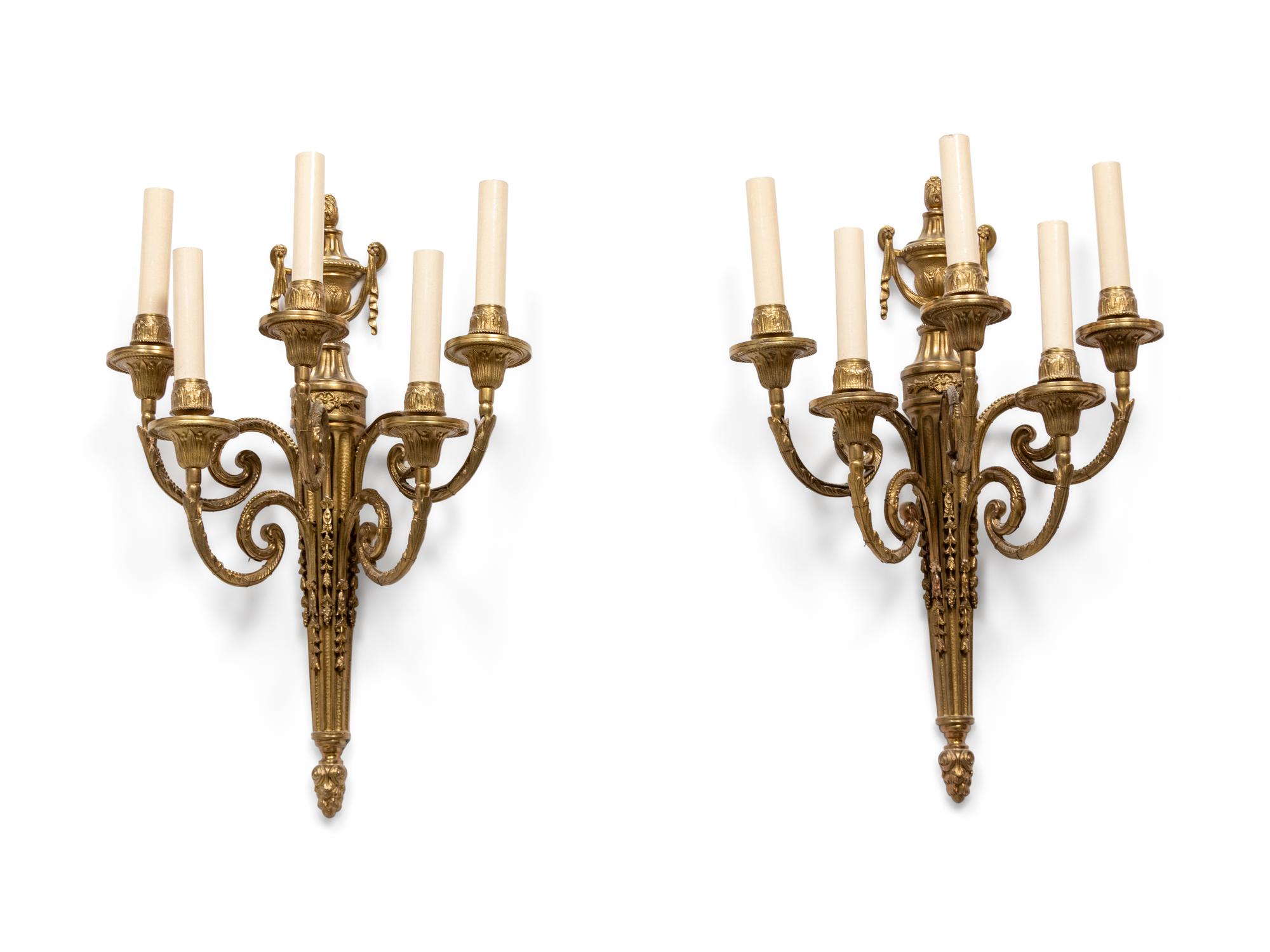 A Pair of Louis XVI Style Gilt-Metal Five-Light Sconces