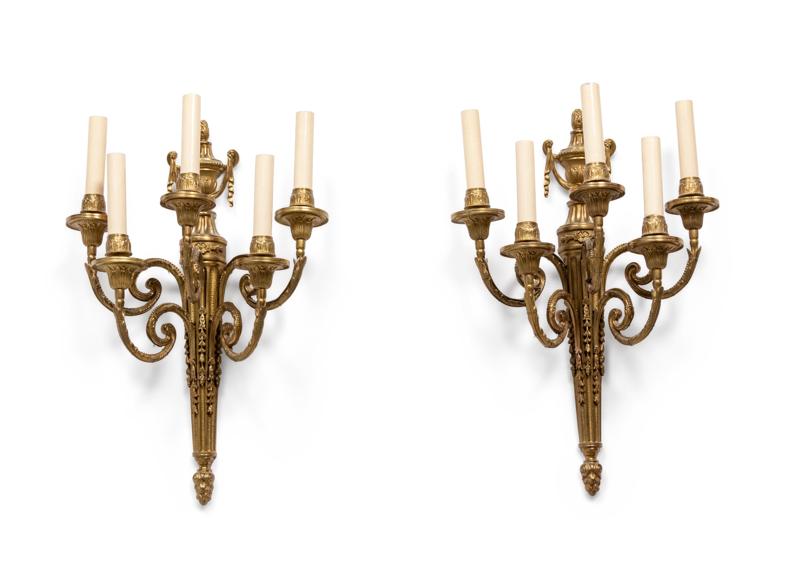 A Pair of Louis XVI Style Gilt-Metal Five-Light Sconces