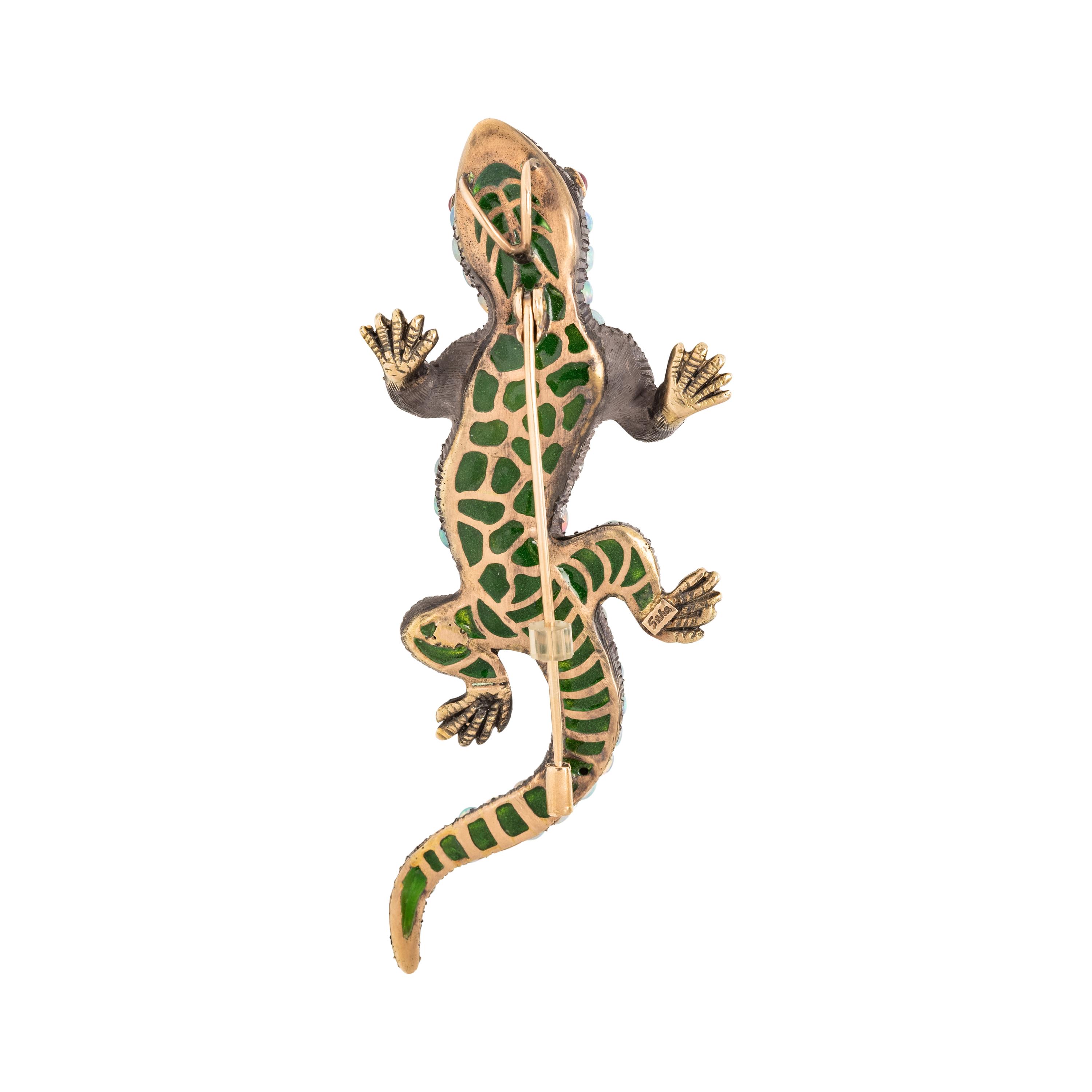 SILVER-TOPPED GOLD, OPAL AND DIAMOND LIZARD PENDANT/BROOCH