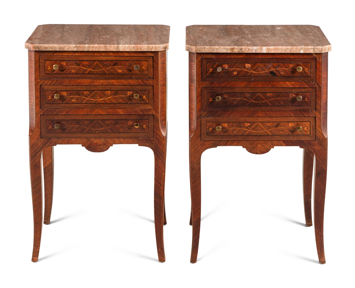 A Pair of Louis XV Style Marquetry Marble-Top Side Tables