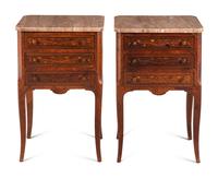A Pair of Louis XV Style Marquetry Marble-Top Side Tables
