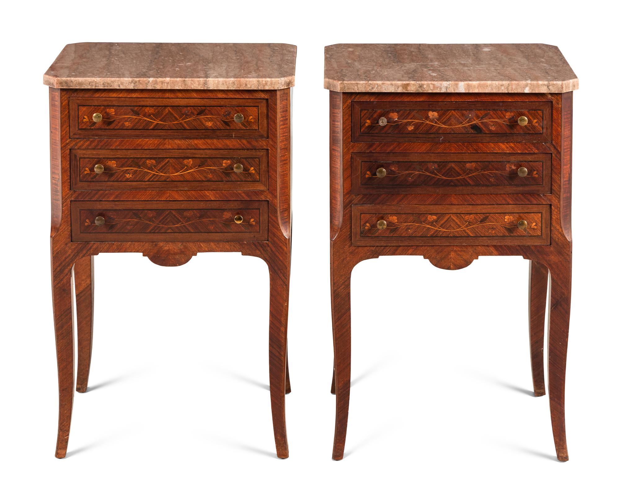 A Pair of Louis XV Style Marquetry Marble-Top Side Tables