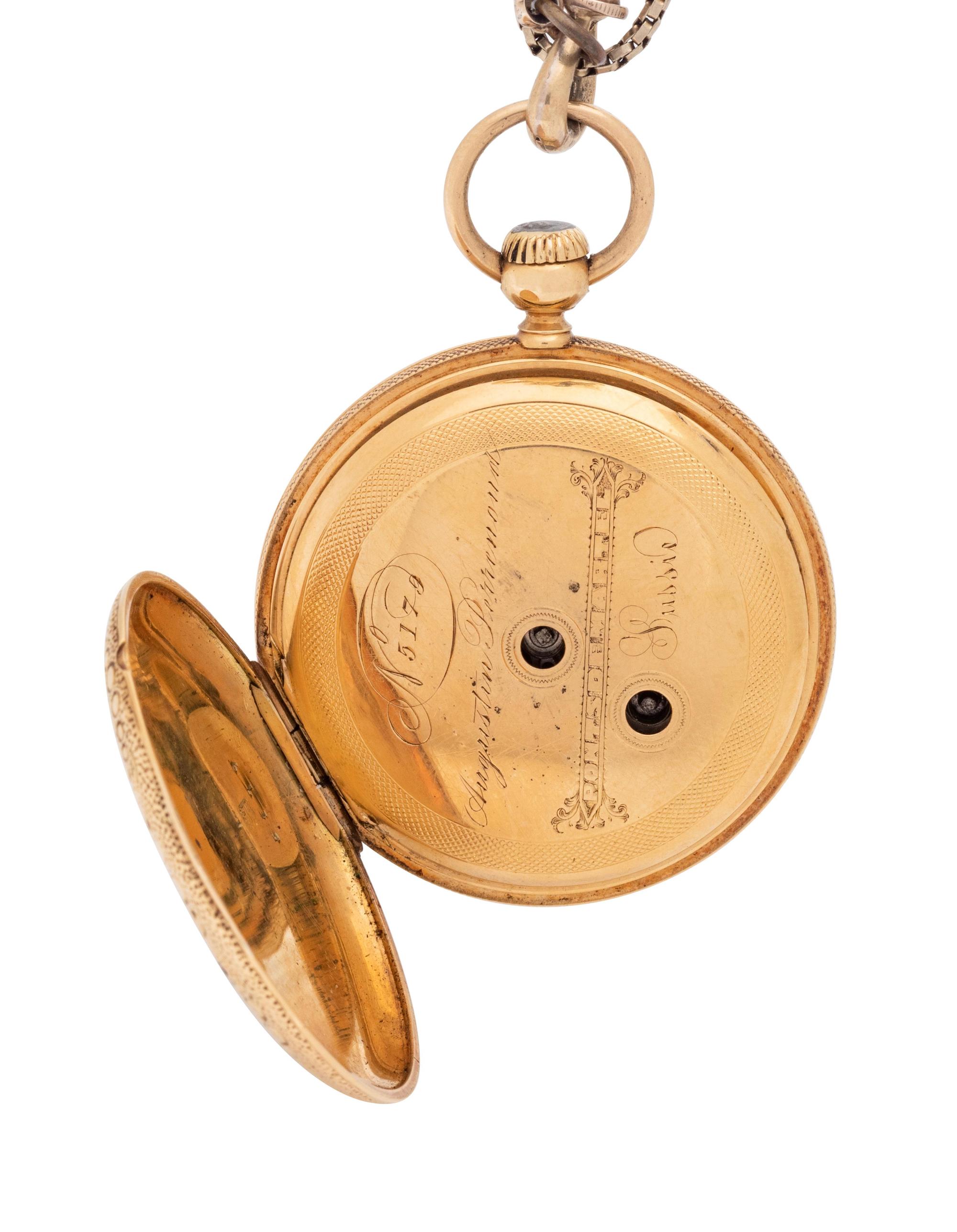 An Antique 18 Karat Yellow Gold and Enamel 'Ponts de Martel' Hunter Case Pocket Watch, Augustin Perrenoud, with Longchain Necklace,