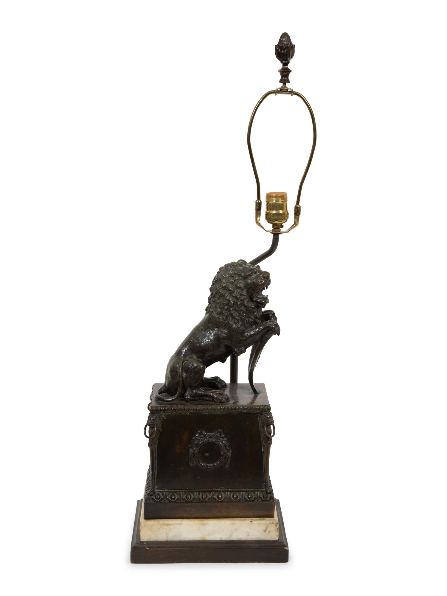 A Continental Bronze Lion and Marble Table Lamp