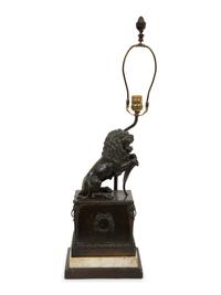 A Continental Bronze Lion and Marble Table Lamp