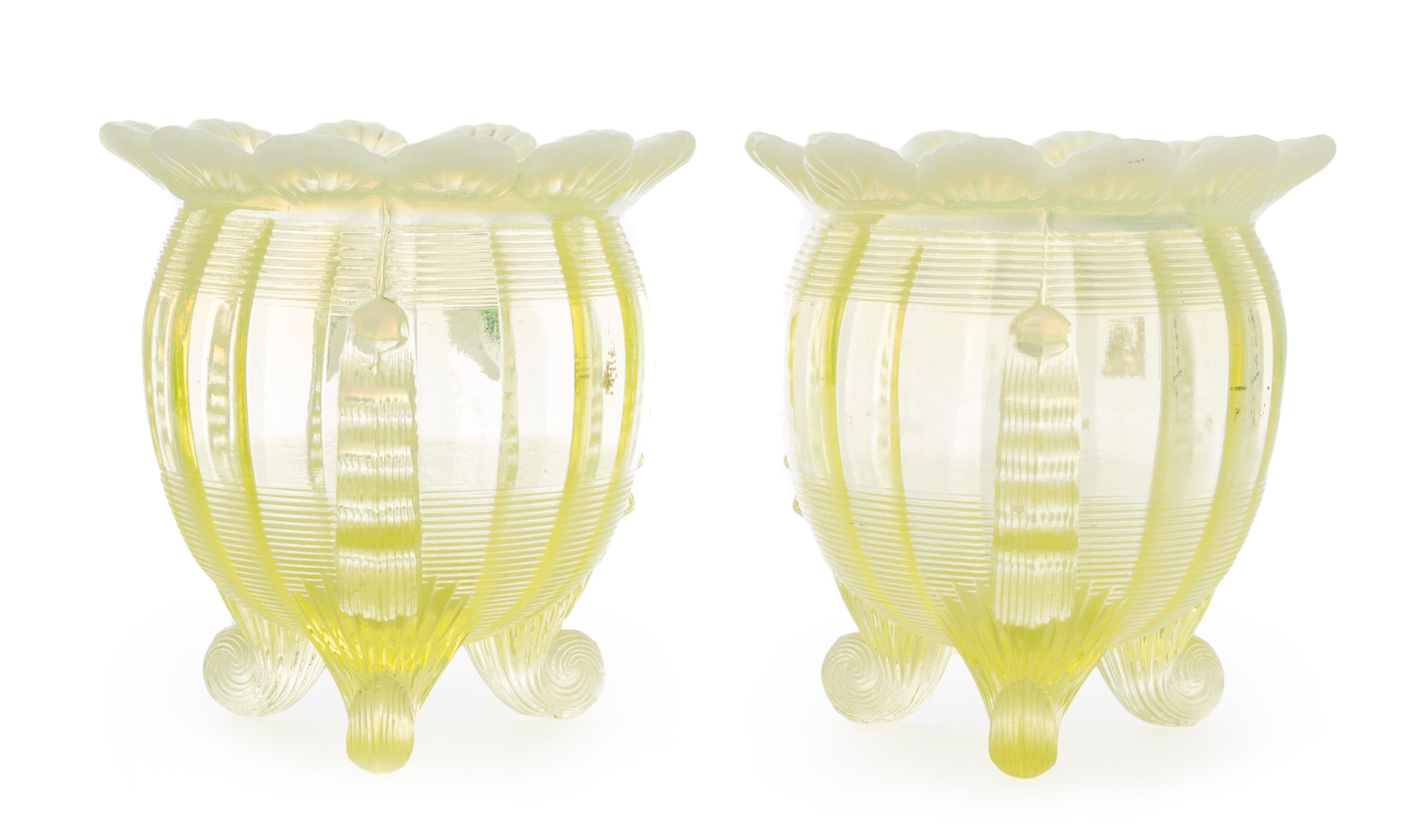 A Pair of Uranium Glass Bowls Height 4 1/2 inches.