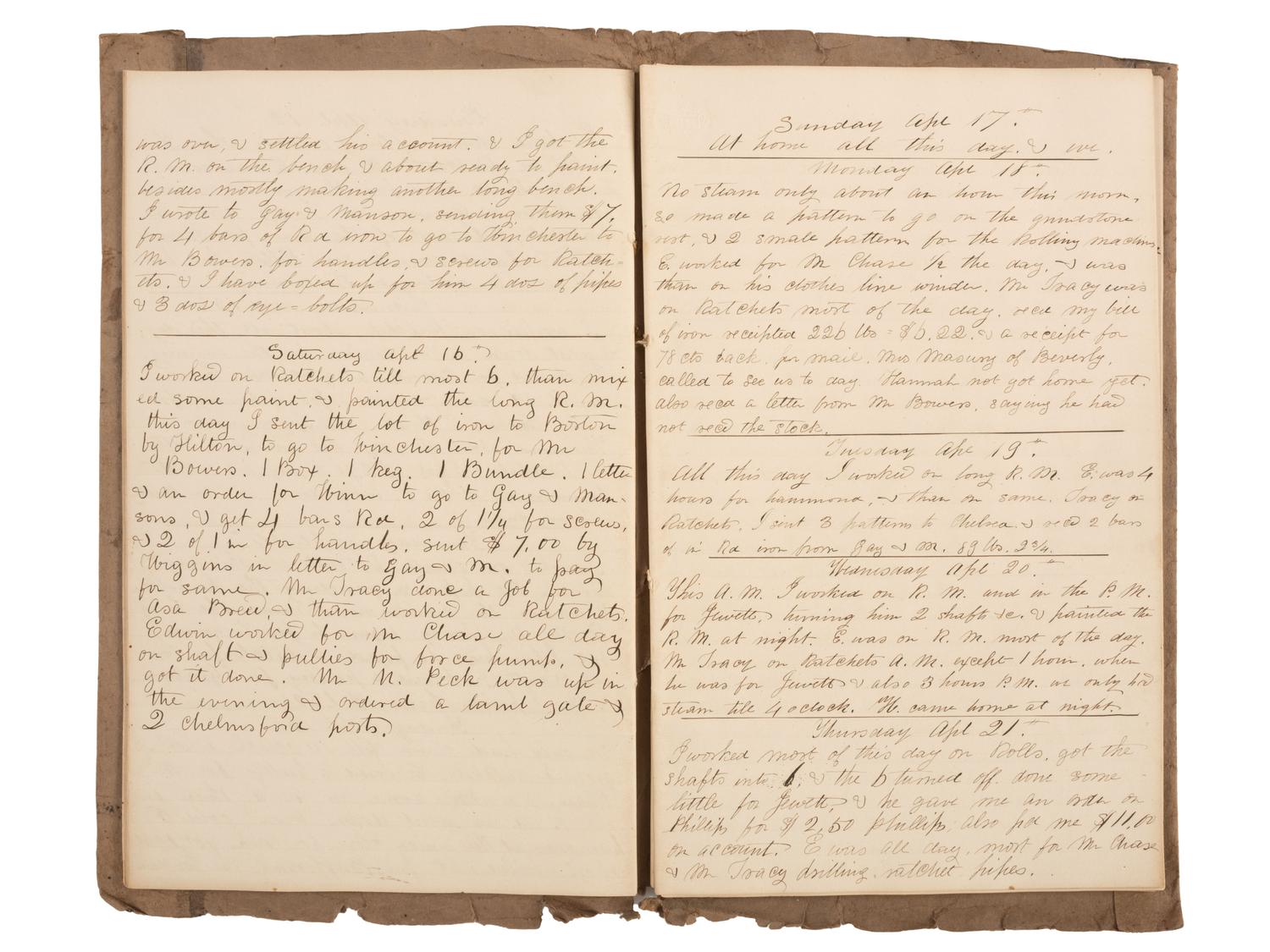 America in Manuscript Diaries of machinist Nathaniel S. Raymond (1811-1860), containing detailed descriptions of skilled labor and ongoing business transactions. Lynn, Essex County, Massachusetts, 1855 and 1859.