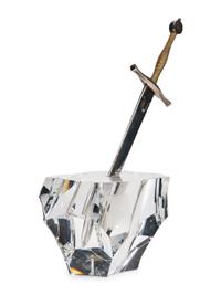 A Steuben Glass, Sterling Silver and 18 Karat Gold Excalibur Sculpture