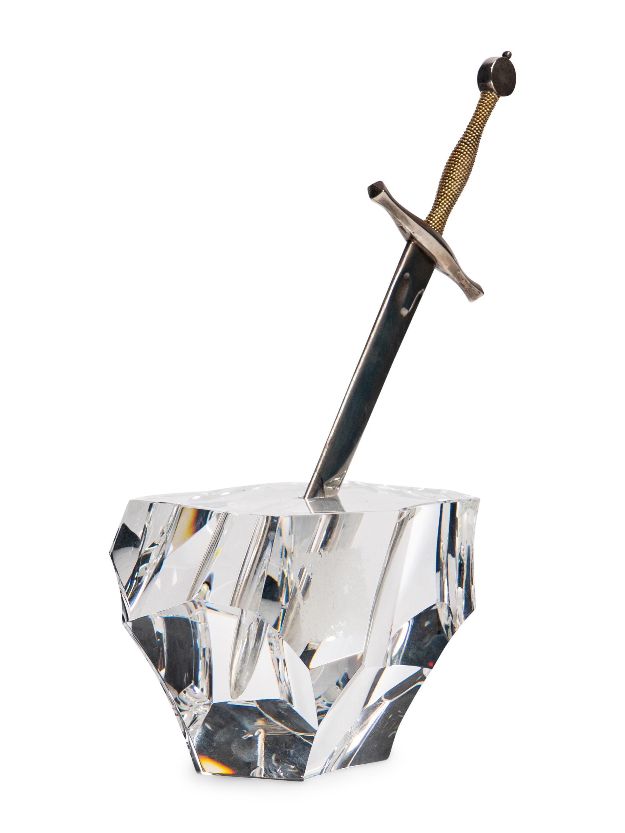 A Steuben Glass, Sterling Silver and 18 Karat Gold Excalibur Sculpture