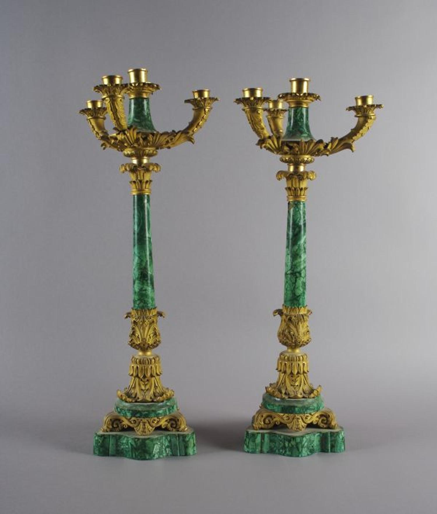 A Pair of Empire Style Ormolu and Malachite Four-Light Candelabra, Height 24 1/8 inches.
