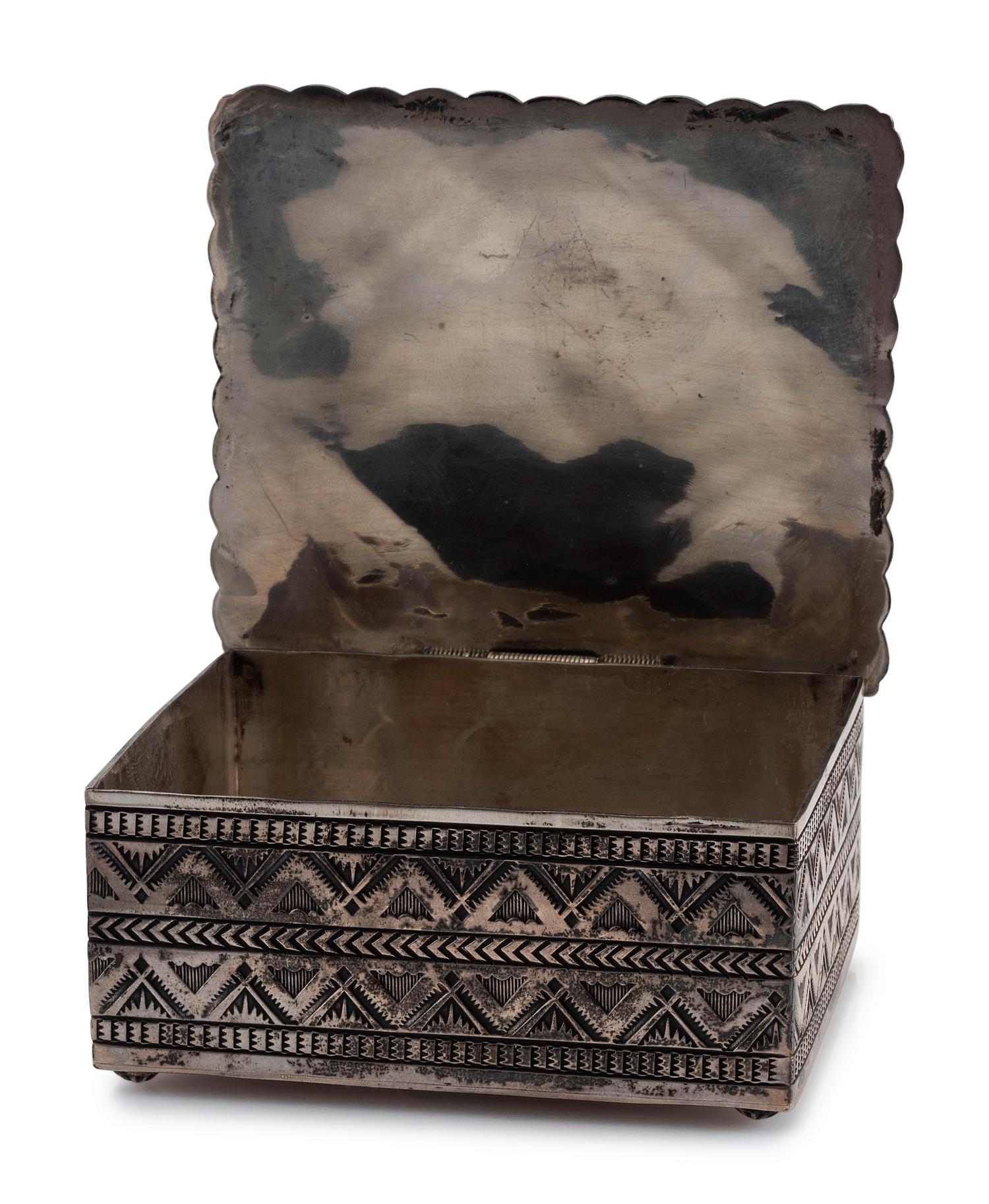 Heavily Stamped Sterling Silver Lidded Box, with Turquoise and Coral Inlay