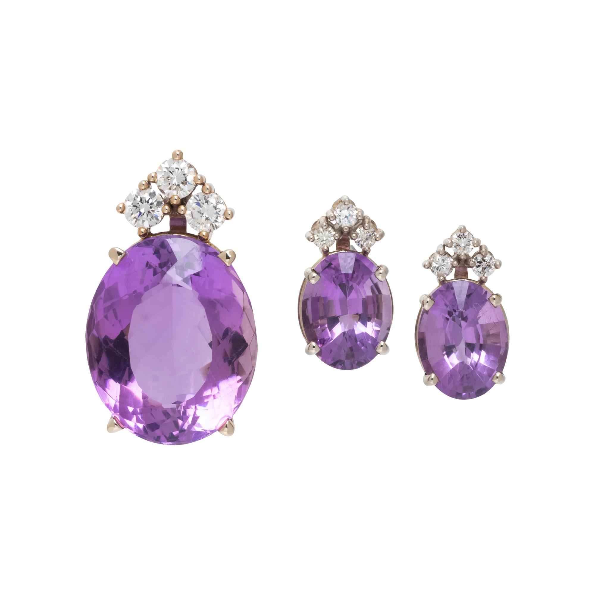 AMETHYST AND DIAMOND PENDANT AND EARRINGS