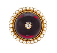 A Victorian Yellow Gold, Garnet, Seed Pearl and Diamond Carbuncle Brooch, 16.00 dwts.