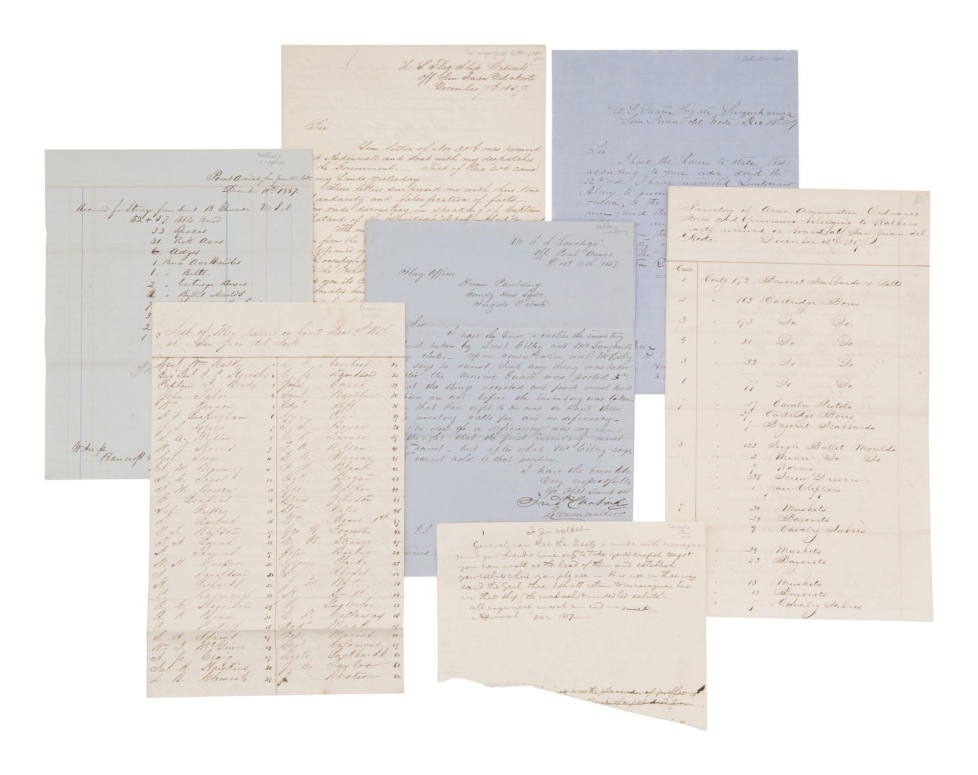 [FILIBUSTERS]. PAULDING, Rear Admiral Hiram (1797-1878) and WALKER, William (1824-1860). Correspondence associated with the Home Squadron, the Walker Expedition, and Vanderbilt's Accessory Transit Company, incl. William Walker ALsS, 1855-1858.