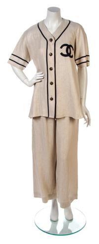 A Chanel Khaki Linen Pant Ensemble, Top size 38, pants size 38.