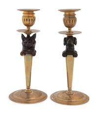 A Pair of Continental Gilt and Patinated Bronze Figural Candlesticks