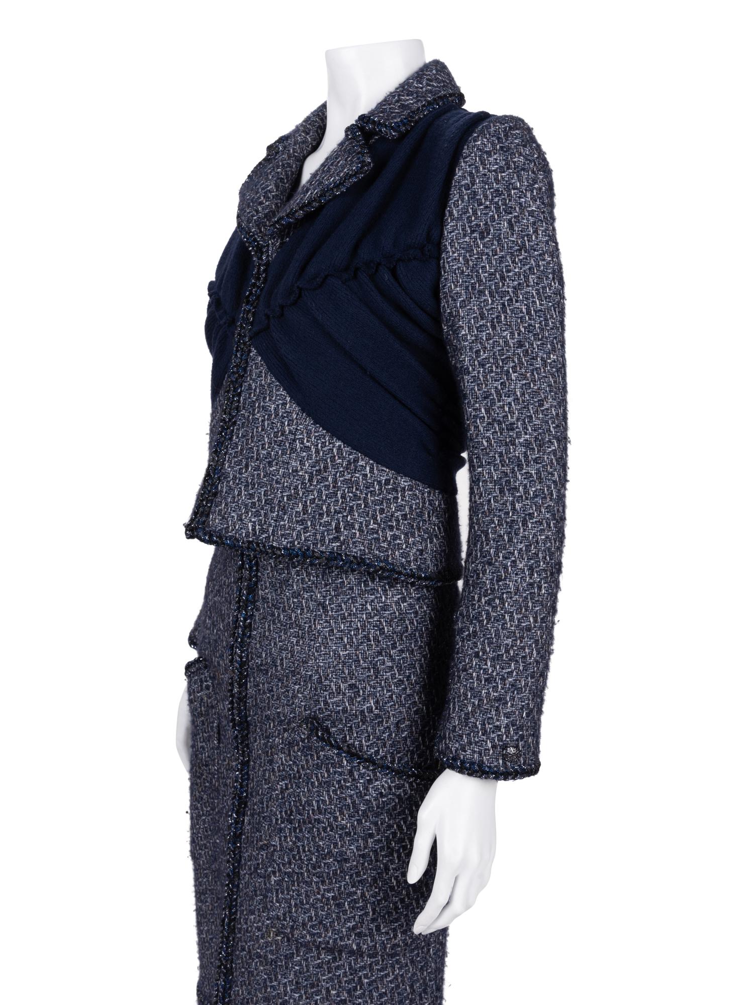 Chanel Blue and Gray Tweed Skirt Suit with Braid Detail, c. 2015