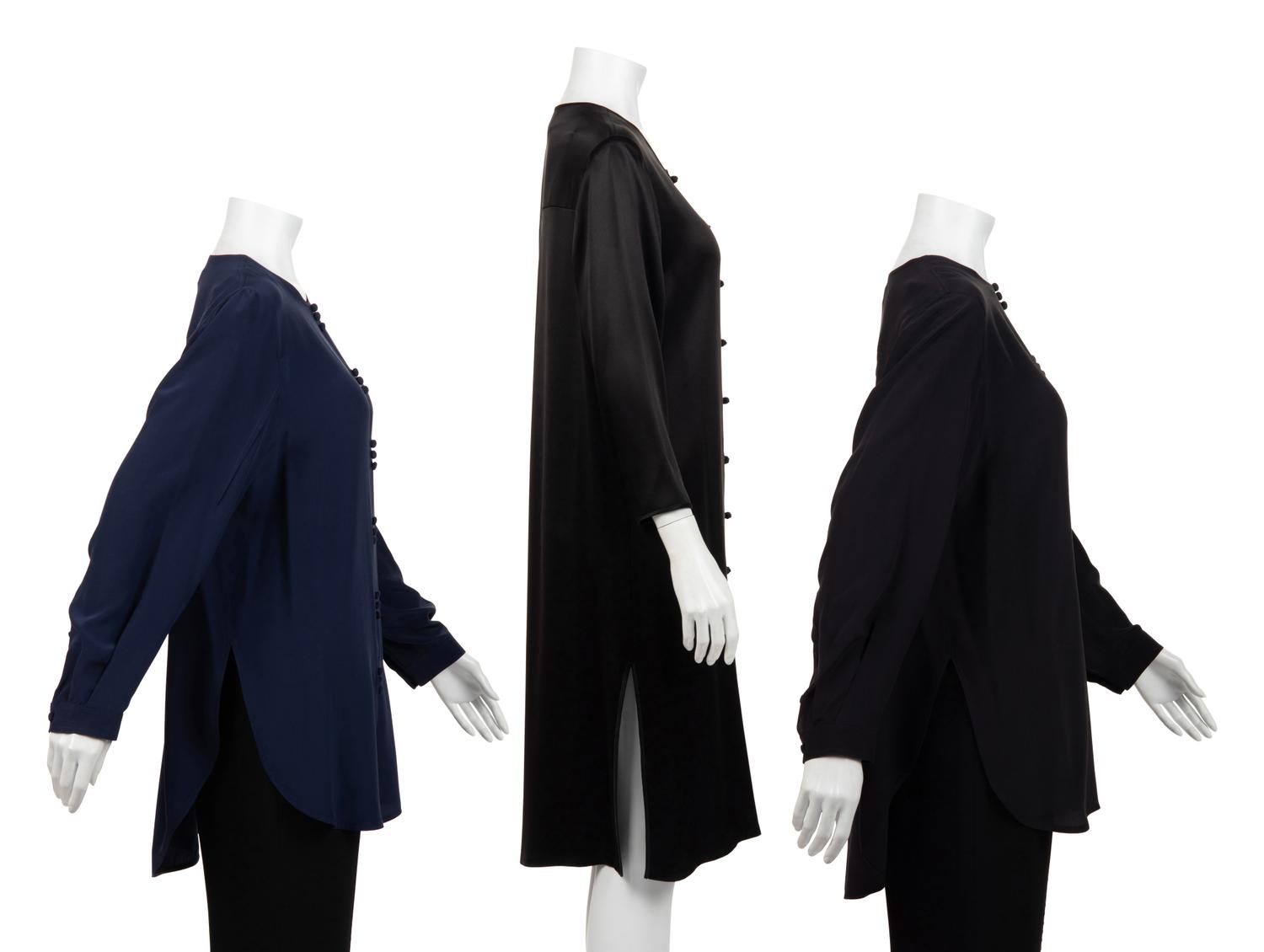 Three Ralph Rucci Pieces: Two Silk Button Down Shirts and One Silk Shirt Dress
